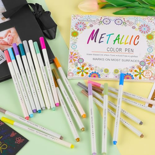 Sunshilor Metallic Markers Fine Point Metallic Marker Pens for Black Paper, Rock Painting, Easter Egg, Halloween Pumpkin, Card Making, Metal, Ceramic, Wine Glass, Set of 20
