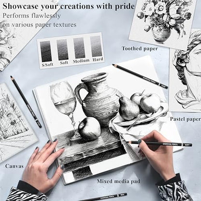 Aenir Charcoal Pencils for Drawing,（S-Soft, Soft, Medium, Hard 12 Pieces | Charcoal Drawing Pencils for Drawing, Sketching, Shading, Smooth, Art Supplies for Artist and Beginners - color: Black