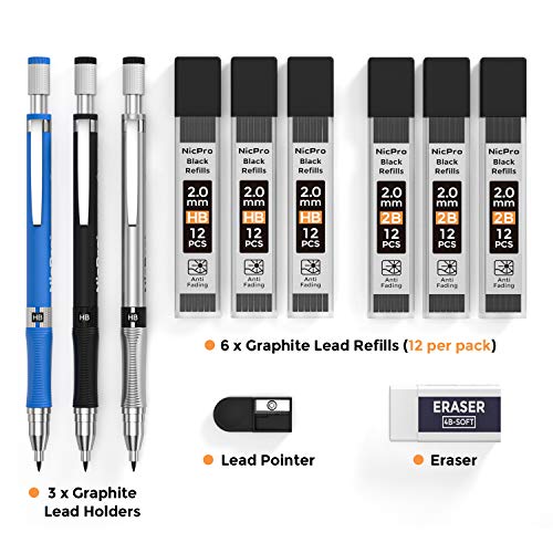 Nicpro 11 Pieces 2mm Mechanical Pencil Set, 3 PCS Carpenter Drafting Pencil 2.0 mm for Art Drawing Writing Sketching Construction with 6 Tube Pre-Sharpen HB & 2B Refill, Eraser, Sharpener - color: Black