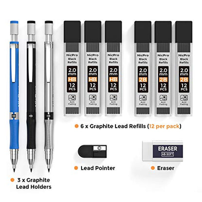 Nicpro 11 Pieces 2mm Mechanical Pencil Set, 3 PCS Carpenter Drafting Pencil 2.0 mm for Art Drawing Writing Sketching Construction with 6 Tube Pre-Sharpen HB & 2B Refill, Eraser, Sharpener - color: Black