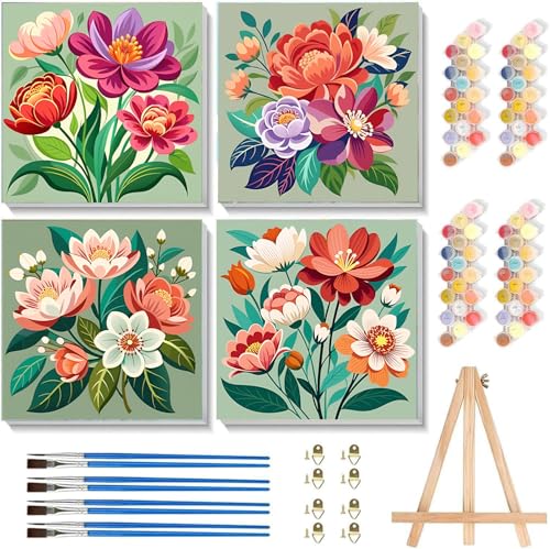 Sretoul Flowers Paint by Numbers Kit for Adults Framed Easel 4 Pack 8X8 in | Flowers Paint by Numbers Kits on Canvas with Frame Easy DIY Acrylic Oil Painting for Home Wall Decor - color: flowers 1