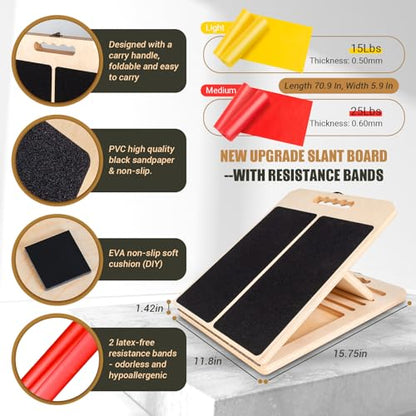 Calf Stretch Slant Board with Resistance Band, 300lb Portable Incline Board | Training Poster, Non-Slip Adjustable Wood Calf Mobility Board for Legs, Ankles, Knees, Heels, Physical Therapy and Stretching
