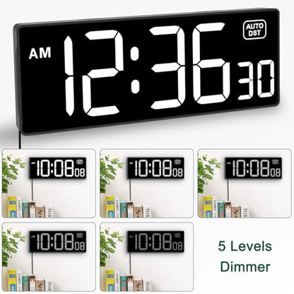 Soobest LED Digital Wall Clock with Seconds | Large Digital Clock Bold Numbers for Seniors, Plug Electric Clock Dimmable Large Display, Auto DST, Gym, 10 Inches - color: 10.2" White