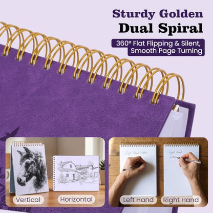 Blank Notebook 8.5 x 11, Hardcover Sketchbook Sketch Pad, Thick Paper, Gift | 300 Page Top Spiral Notebook, No Bleed Unlined Journal for Women Men Kids Journaling Sketching, Lay Flat, Durable PU Leather - color: Purple, size: 8.5” x 11”