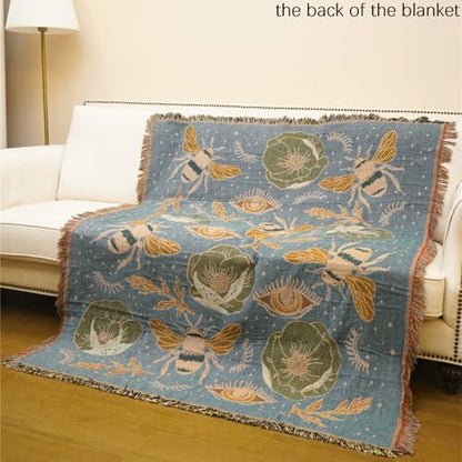 JQZ Bohemian Throw Blanket, Woven Cotton with Fringe, for Sofa, Bed, Picnic, Outdoor Camping (Bees and Flowers) - color: Bees and Flowers
