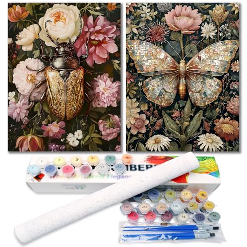 2 Pack Paint by Numbers Kit for Adults,Butterfly Bettle Paint by Numbers for Adults, DIY Insect Adult Painting by Numbers Beginners on Canvas Acrylic for Home Wall Art Decor 12x16Inch (Rolled Package) - color: Butterfly Bettle