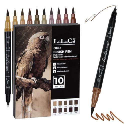 LIULIUCAI 10 Brown Dual Markers, Fine & Brush Tip Pen for Adult Coloring | Drawing Pen, Earthy Brown Markers for Wood Textures, Rustic Illustrations, Animal Sketches , Cozy Interiors, No Bleeding - color: 10 Brown