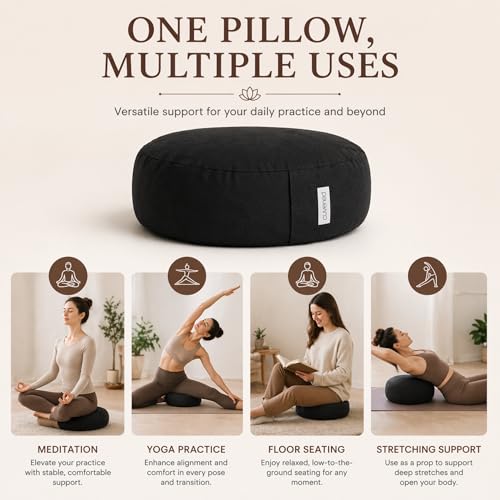 Meditation Cushion - 15" Buckwheat Pillow with Removable Cotton Cover and Carry Handle - Round Floor Cushion for Yoga, Meditation, Pilates, and Floor Sitting - Meditation Pillow by Cuvered