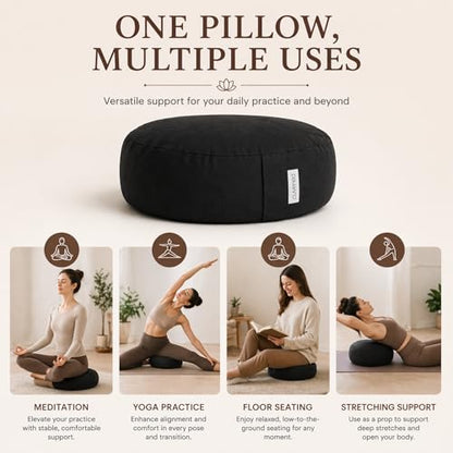 Meditation Cushion - 15" Buckwheat Pillow with Removable Cotton Cover and Carry Handle - Round Floor Cushion for Yoga, Meditation, Pilates, and Floor Sitting - Meditation Pillow by Cuvered