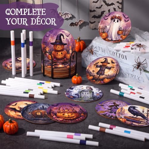 Reallnaive 77 Pcs Halloween Coasters Painting Kit, 20 Set Wooden Drink Coasters 4 Inch with Holder & Markers Boho DIY Crafts for Adults, Women, Hobby, Color Your Own Art Craft Supplies - style: Halloween
