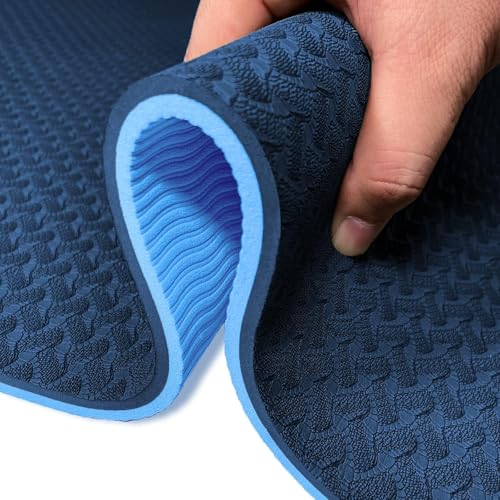 Yoga Mat 1/3" (8mm) Thick Non-Slip, Women Men Fitness & Exercise Mat, 72"Lx24"W Eco-Friendly TPE Workout Mat with Carrying Strap for Yoga, Pilates, Home Gym, Floor Exercises - color: Blue