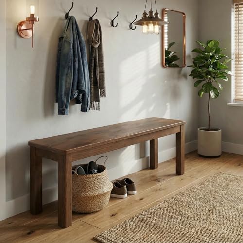 100% Solid Oak Wood Dining Bench, 39.6'' Entryway Bench Extra Chair Seat Long Ottoman with Squre End & Round Corner for Kitchen Living Room Bedroom, Walnut - color: Walnut, size: 39.6inch-Walnut-Square End & Round Corner