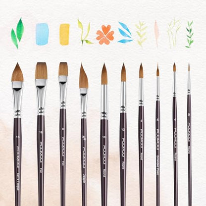 Fuumuui Sable Watercolor Brushes, Professional 10Pcs Sable Paint Brush Set Variety Shapes with Flats, Extended Needle Point, Dagger, Cat's Tongue, Rounds Perfect for Watercolor Acrylic Gouache Inks - color: Brown