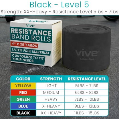 Vive Professional Resistance Bands - 25 Yard Non-Latex Roll for Physical Therapy, Lower and Upper Body Exercise Workout - Straight Elastic for Strength Training, Rehabilitation, Women, Men - color: Black