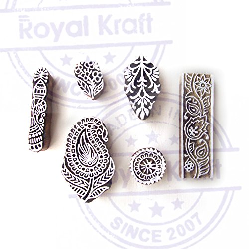 Decorative Paisley and Floral Motif Block Print Wood Stamps (Set of 6) - color: Htag0330
