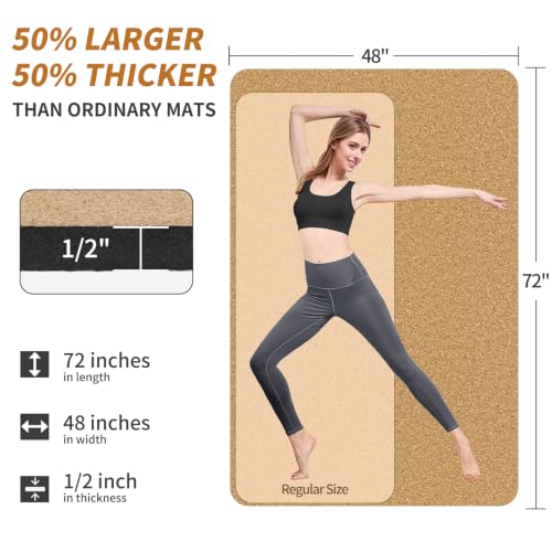 Hatha Yoga Extra Large Natural Cork Yoga Mat - 78" x 32" or 72" x 48", 1/2" Extra Thick Non-slip TPE Exercise Mat, Anti-tear Pilates Mat for Home, Gym, Hot Yoga, Stretching, Fitness & Workouts - size: Extra Large (6'x4'x1/2")