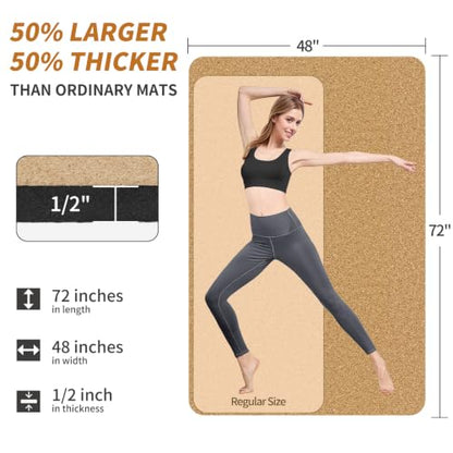 Hatha Yoga Extra Large Natural Cork Yoga Mat - 78" x 32" or 72" x 48", 1/2" Extra Thick Non-slip TPE Exercise Mat, Anti-tear Pilates Mat for Home, Gym, Hot Yoga, Stretching, Fitness & Workouts - size: Extra Large (6'x4'x1/2")