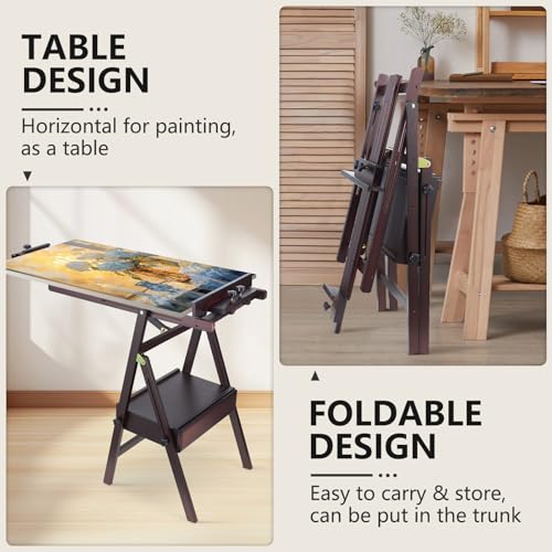 Beech Wood H-Frame Painting Easel with Storage Drawer, Walnut | Heavy-duty Studio Easel, Adjustable Height & Angle Floor Easel Stand, Holds 30"-48" Canvas, Foldable Artist Easel for Adults - color: Walnut