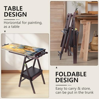 Beech Wood H-Frame Painting Easel with Storage Drawer, Walnut | Heavy-duty Studio Easel, Adjustable Height & Angle Floor Easel Stand, Holds 30"-48" Canvas, Foldable Artist Easel for Adults - color: Walnut
