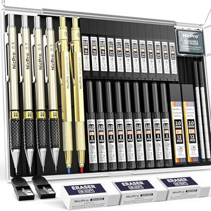 Nicpro 37PCS Gold Art Mechanical Pencil Set, 0.3/0.5/0.7/0.9/2mm Point | 360 Lead Refills(6B 4B 2B HB 2H 4H) 4 Erasers+18 Eraser Refills, Full Metal, School Supplies for Sketching Drawing Drafting - color: Gold, style: 0.3 0.5 0.7 0.9 2.0