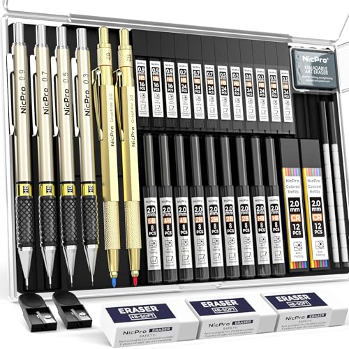 Nicpro 37PCS Gold Art Mechanical Pencil Set, 0.3/0.5/0.7/0.9/2mm Point | 360 Lead Refills(6B 4B 2B HB 2H 4H) 4 Erasers+18 Eraser Refills, Full Metal, School Supplies for Sketching Drawing Drafting - color: Gold, style: 0.3 0.5 0.7 0.9 2.0