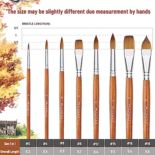 Sable Watercolor Brushes Professional, Fuumuui 8Pcs Sable Brush Set Variety Shapes with Flat, Round Pointed, Liner, Cat's Tongue Oval Wash Perfect for Watercolor Acrylic Gouache Inks Painting - color: Tan