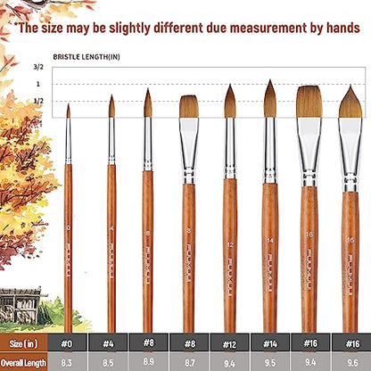 Sable Watercolor Brushes Professional, Fuumuui 8Pcs Sable Brush Set Variety Shapes with Flat, Round Pointed, Liner, Cat's Tongue Oval Wash Perfect for Watercolor Acrylic Gouache Inks Painting - color: Tan