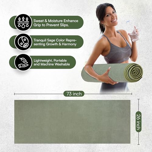 Yoga Mat Towel - Double Sided Microfiber Yoga Towel - Sweat Absorbent Non Slip Hot Yoga Towel - Lightweight, Quick Drying Pilates Mat Towel - 73" x 26", Sage