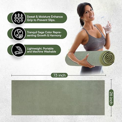 Yoga Mat Towel - Double Sided Microfiber Yoga Towel - Sweat Absorbent Non Slip Hot Yoga Towel - Lightweight, Quick Drying Pilates Mat Towel - 73" x 26", Sage