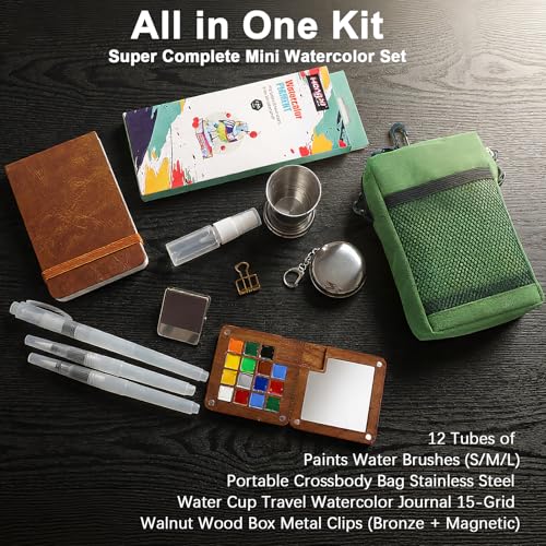 Mini Watercolor Travel Set, All-in-One 12-Color Travel Kit with Palette, Crossbody Bag, Paint Water Cup, Journal, Pocket Set for Artists - color: Brown