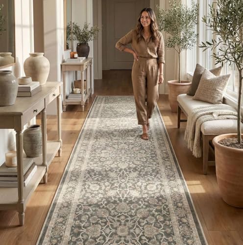 Well Woven Custom Size Hallway & Stair Runner- Asha Rome Charcoal Brown 26 Inches Wide Super Thin Long Runner (26" x 2' Runner) Rug - Floral, Easy Clean, Floor-Friendly Backing - size: 2'2" x 2' (Runner)