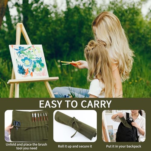 Green Canvas Paint Brush Holder Roll-up Case Bag, 22 Slots Pockets Carry Pouch Artist Brush Storage Organizer, 16.54" L x 12.99" W