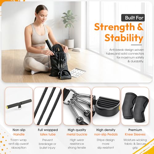Pedal Resistance Band with Handles for Men Women & Seniors + Knee Sleeves | 3-tube adjustable 25-75lb resistance band, heavy duty built to last, door anchor included, portable set for home and outdoors