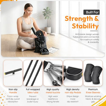 Pedal Resistance Band with Handles for Men Women & Seniors + Knee Sleeves | 3-tube adjustable 25-75lb resistance band, heavy duty built to last, door anchor included, portable set for home and outdoors