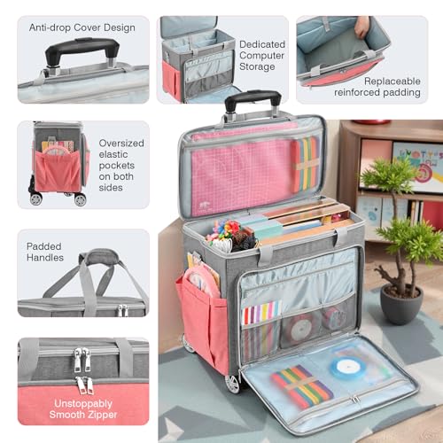 Rolling Craft Bag With Wheels, Teacher Tote Organizer With Detachable Cart - color: Pink