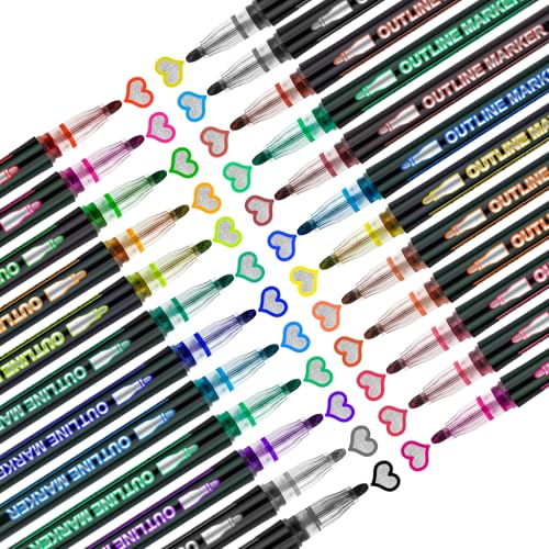 24 Shimmer Markers Outline Pens School Art Supplies Gifts Teen Girl 9-12 | School Supplies for Kids 9-12 Chriatmas Stocking Stuffers Birthday Easter Party Drawing Crafts Gifts for 4-12 Girls Teens - color: Beige