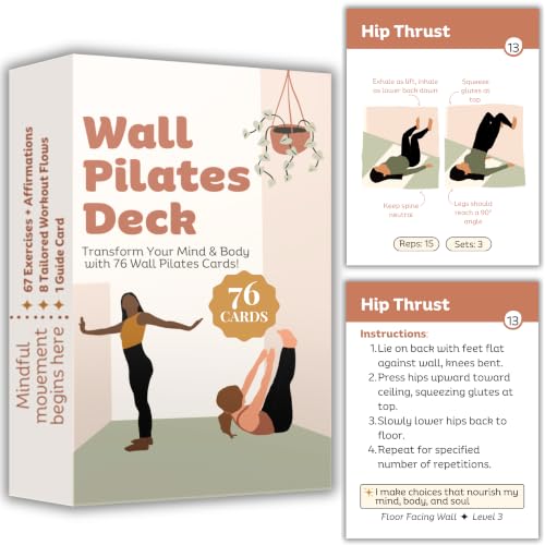 Wall Pilates Workout Cards for Women - 76 Large Exercise Cards - Pilates Bar & Resistance Bands Companion with Step-by-Step Instructions - Beginner Friendly Home Gym
