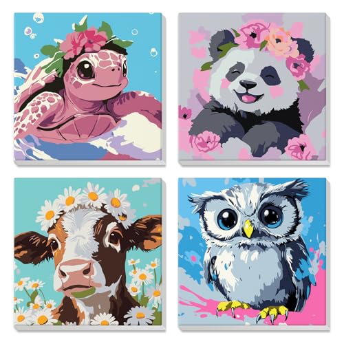 4 Pack Paint by Numbers for Kids with Wooden Framed, Watercolor Turtle, Cute panda, Owl, Cow, Paint by Number Kits on Canvas for Beginner, Acrylic Oil Painting Kits for Home Decor 8x8 inch, Animals - color: pink-animal002