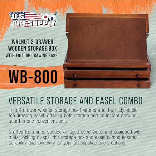 U.S. Art Supply 2-Drawer Artist Tool Supply Box with Locking Clasps & Fold-Up Drawing Easel - Walnut Color Art Box for Artist Supplies, Brushes, Pencils, Erasers, Tool Storage Organizer Case