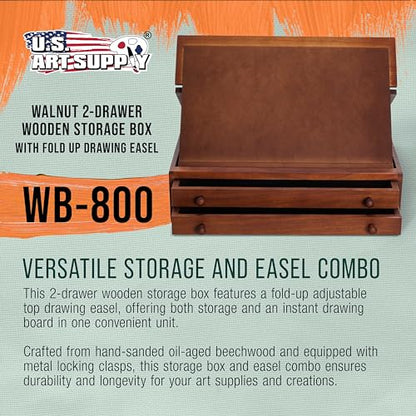 U.S. Art Supply 2-Drawer Artist Tool Supply Box with Locking Clasps & Fold-Up Drawing Easel - Walnut Color Art Box for Artist Supplies, Brushes, Pencils, Erasers, Tool Storage Organizer Case
