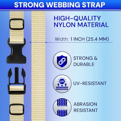 TECEUM 1" Nylon Strap Kit with Buckles, Cream 6 yards Repair Set | Heavy duty hardware kit: 6yd webbing, 6 quick release buckles, 12 tri-glide slide clips, 6 metal D-rings for crafting. - color: Cream, size: 1" - 6 yards, style: 6 Buckle - 12 Slides - 6 D
