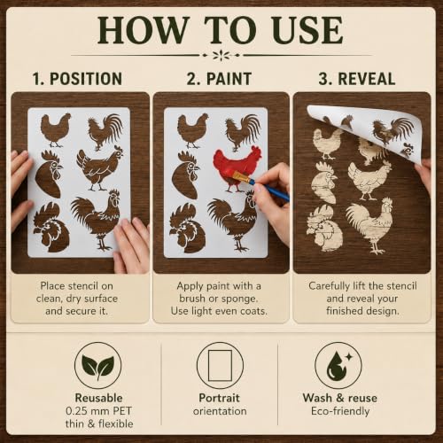 Chicken Stencil | Reusable Farmhouse Farm Stencils for Painting on Wood, Glass, Wall, Rock, Fabric, Walls, Canvas, Glassware | Rooster Farm Animals Stencil 8.5"x 11"