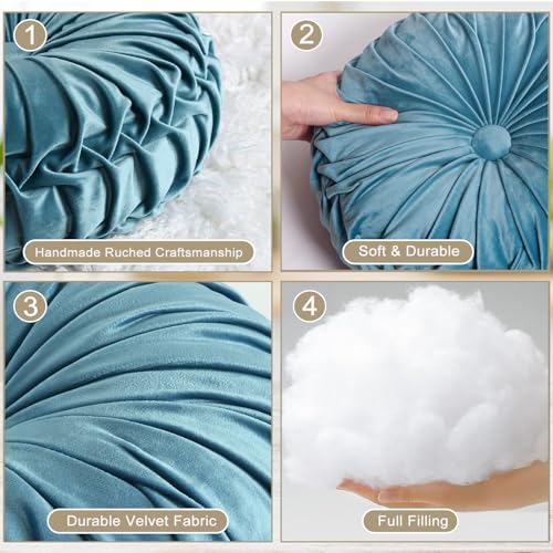 HIG Set of 2 Dusty Blue Velvet Decorative Round Pleated Throw Pillows - color: Dusty Blue