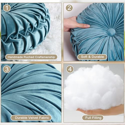HIG Set of 2 Dusty Blue Velvet Decorative Round Pleated Throw Pillows - color: Dusty Blue