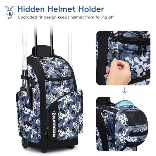 KAVIGOR Rolling Baseball Bag with Wheels, 60L Capacity Softball Bag Holds 4 Bats for Boys and Girls, Youth Equipment Bag with Shoe Compartment - color: Blue Camo