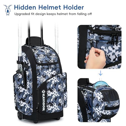 KAVIGOR Rolling Baseball Bag with Wheels, 60L Capacity Softball Bag Holds 4 Bats for Boys and Girls, Youth Equipment Bag with Shoe Compartment - color: Blue Camo