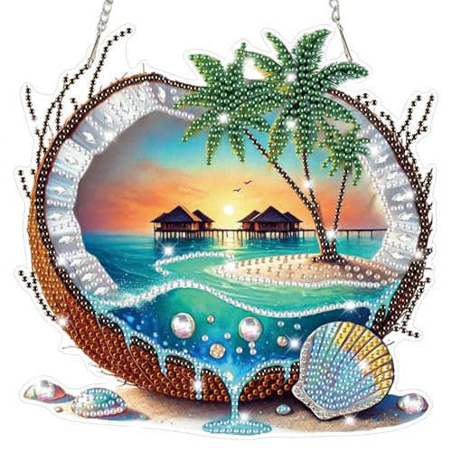 Bowetile Coconut Diamond Art Hanging Kits for Adults, Summer Diamond Art Suncatchers Beach, 5D Special Shape Diamond Painting Pendant Window Ornament Gifts for Home Wall Garden Decor - color: Coconut. Summer Beach