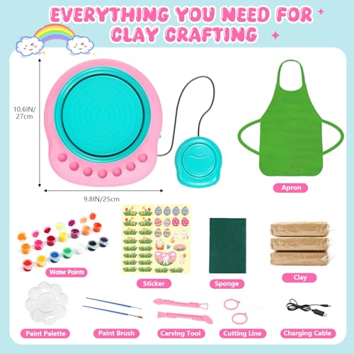 Weilim Pottery Wheel for Kids Beginners, Air-Dry Clay & Paint Kit Ages 6-12 | 3 Clay Packs, 14 Paint Colors, Sculpting Tools, Brushes, Palette,Apron; Gentle Beginner Spin, USB Rechargeable, No Oven - color: Easter