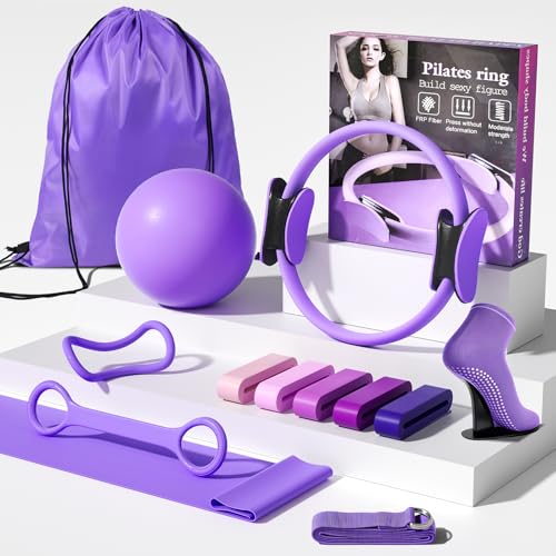 Pilates Kit for Women,15 Inch Magic Circle, 6 Multi-Level Resistance Bands,Yoga Ball Socks, Back Neck Stretcher ,14-Piece Full Body Toning Pilates Equipment for Beginners, 15 Min Daily Routine - color: Purple