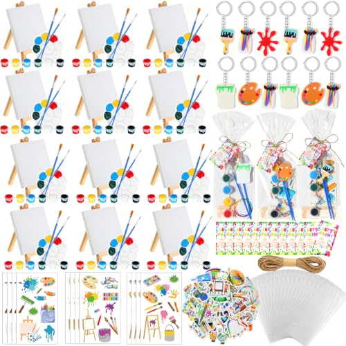 HyDren 24 Sets Kids Art Paint Party Favors 4x4 Canvas Easel Acrylic Paint | Back to School Paint Palette Brush Sticker Puffy Sticker Keychains for Adults Summer Vbs Party Supplies